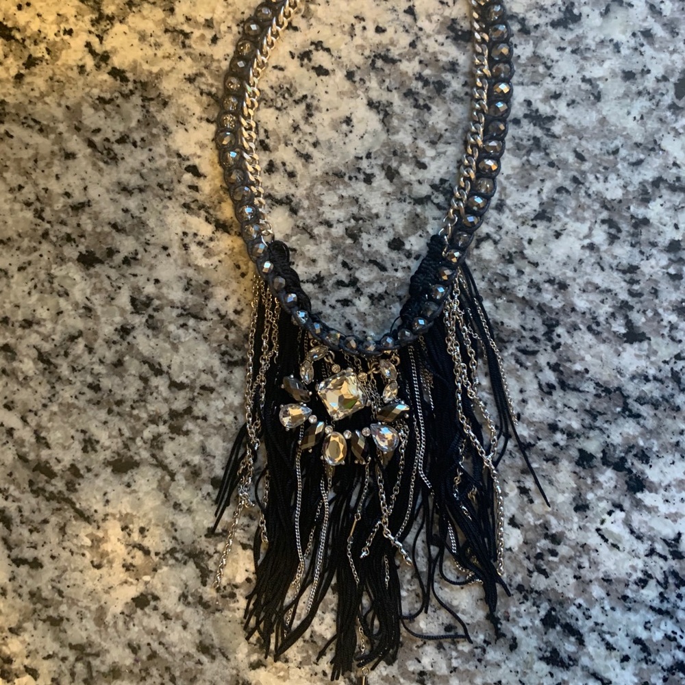 Silver me black fringe statement necklace